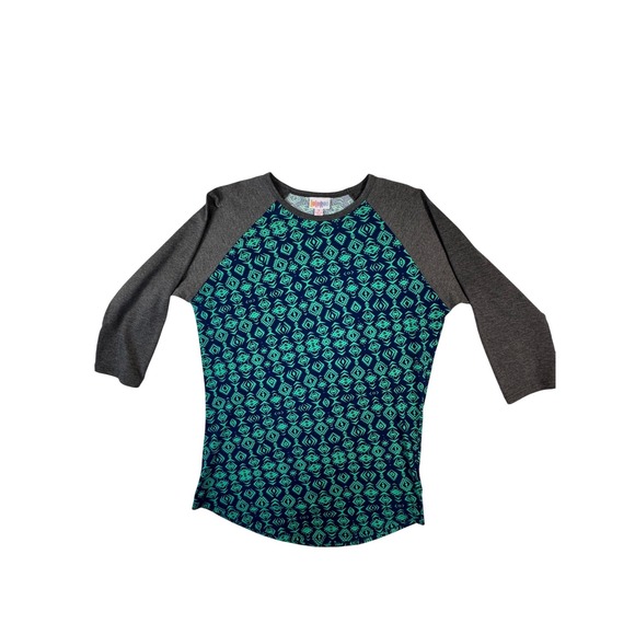 LuLaRoe Tops - LuLaRoe Randy Tee Women Small Gray Teal Geometric 3/4 Sleeve Raglan Baseball Top
